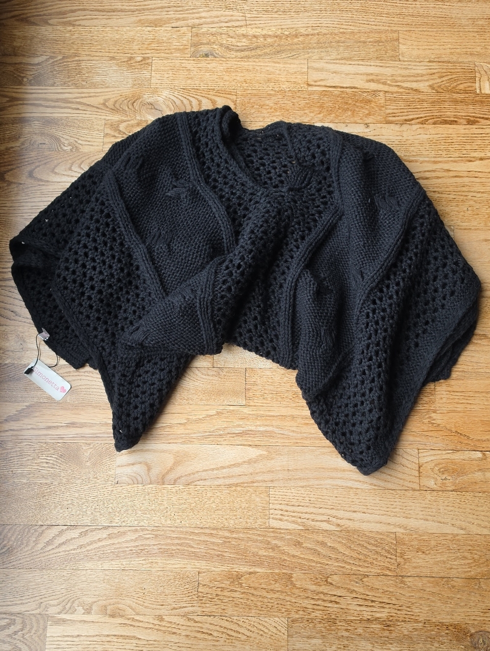 Simonetta Black Openwork Double Layer Knit Poncho Shrug Cabin Cozy Fall Grandma